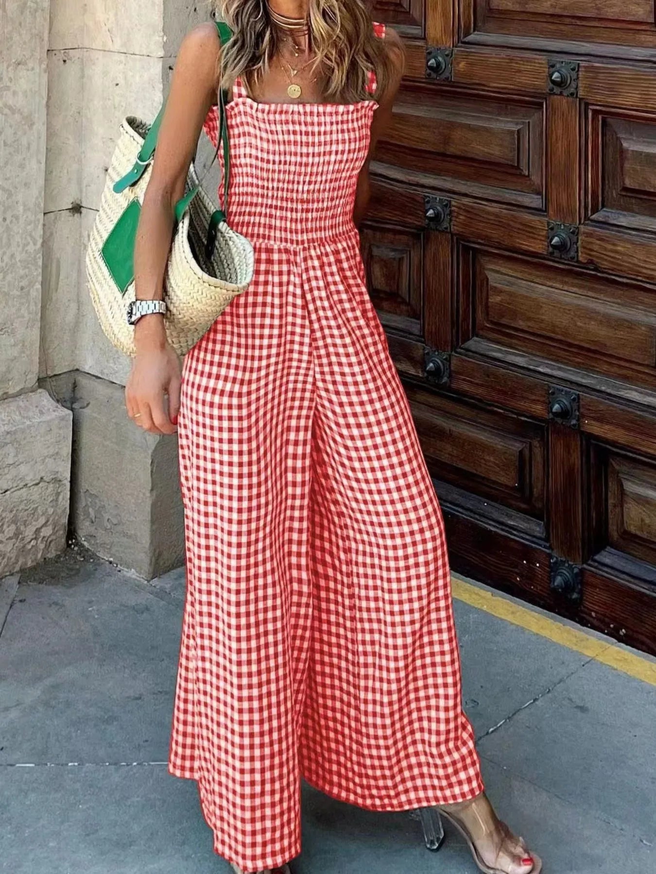 Gingham Smocked Wide-Leg Jumpsuit - Velora Luxury Fashion