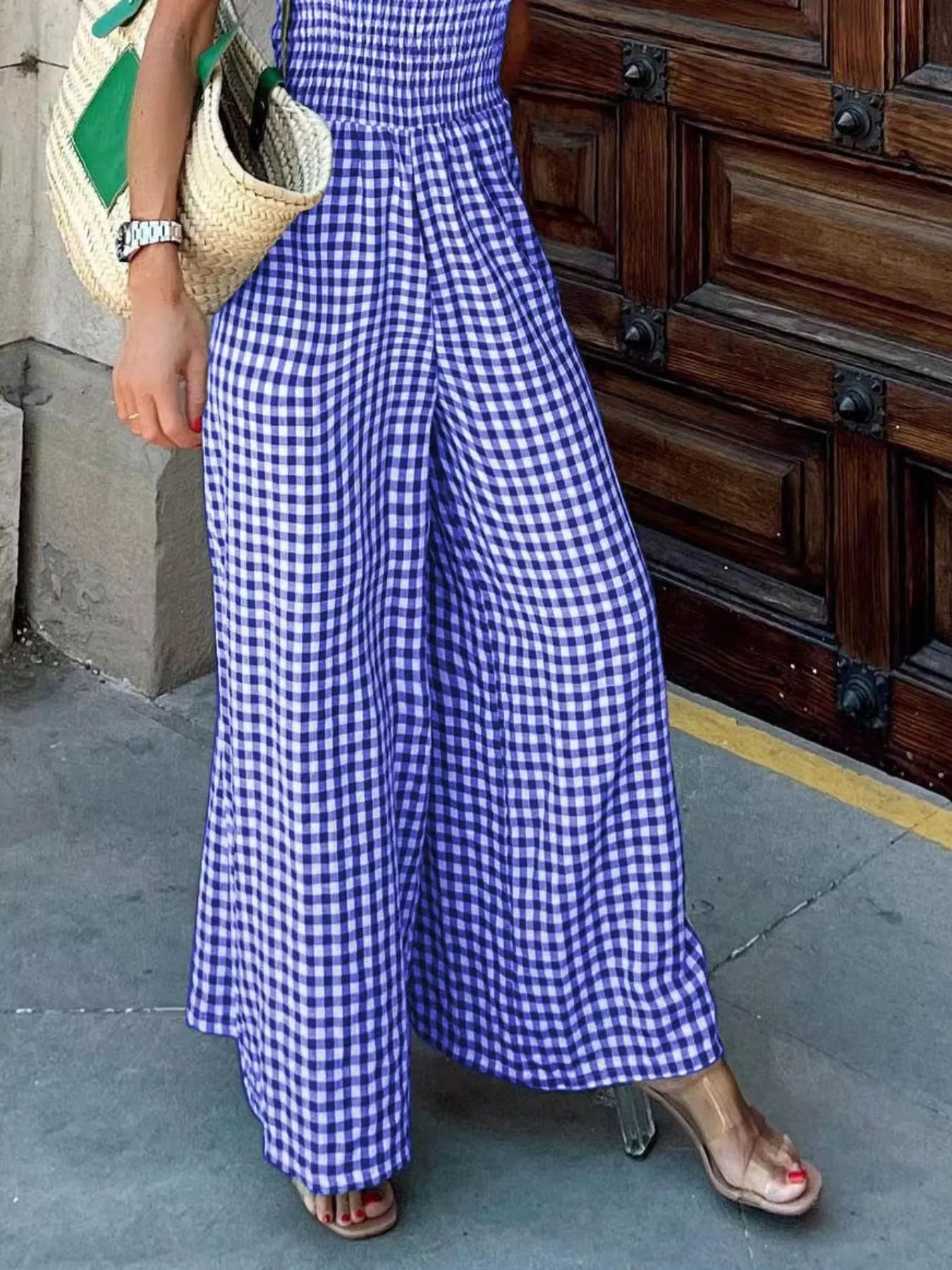 Gingham Smocked Wide-Leg Jumpsuit - Velora Luxury Fashion