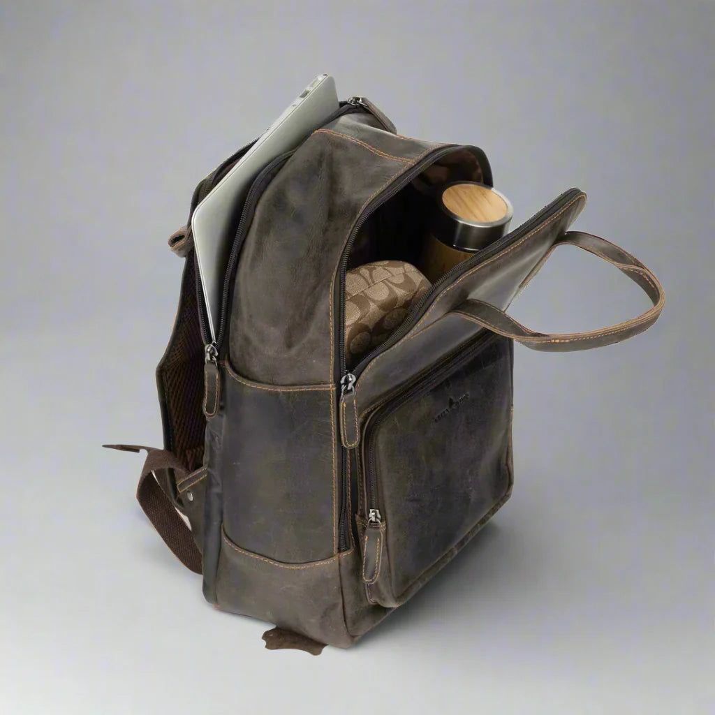 Greenwood Leather Backpack with Reinforced Laptop and Tablet Compartments - Velora Luxury Fashion