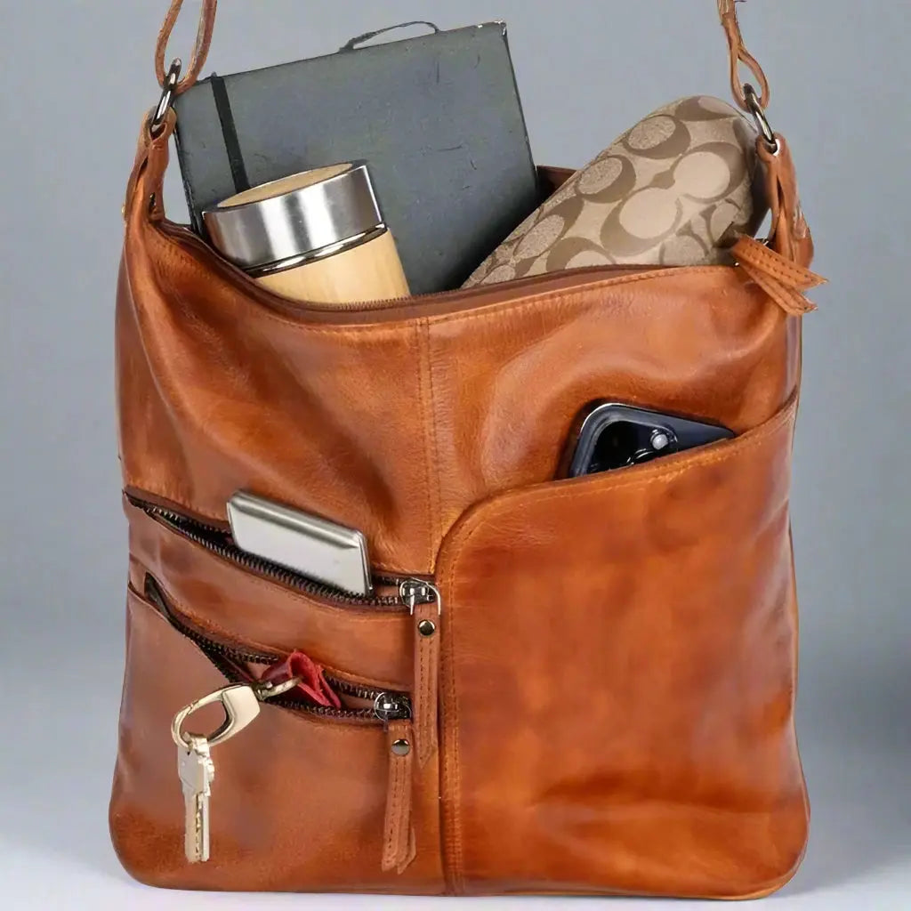 Greenwood Leather Shoulder Bag with 2 Zip Pockets - Velora Luxury Fashion