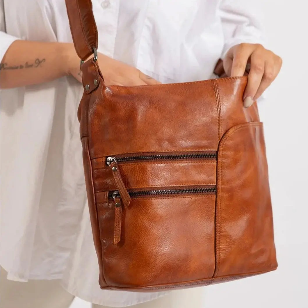 Greenwood Leather Shoulder Bag with 2 Zip Pockets - Velora Luxury Fashion