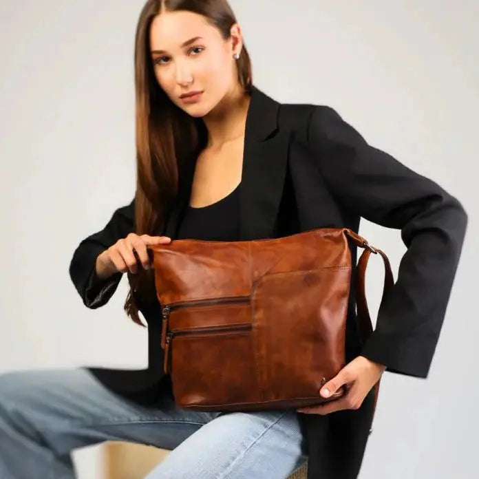 Greenwood Leather Shoulder Bag with 2 Zip Pockets - Velora Luxury Fashion