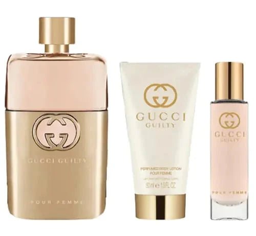 Gucci Guilty 3 Piece Hardbox Gift Set for Women (3 Ounce Eau de Parfum Spray + 1.6 Ounce Perfumed Body Lotion + 0.5 Ounce Eau de Parfum Travel Spray) - Velora Luxury Fashion