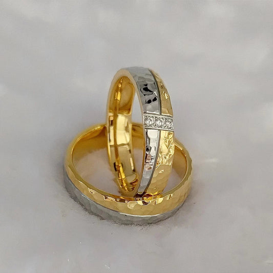 Pure Handmade Hammered 18K Gold Plated Wedding Rings Men & Women Stainless Steel Jewelry for Couples Valentine's Day Gifts - Velora