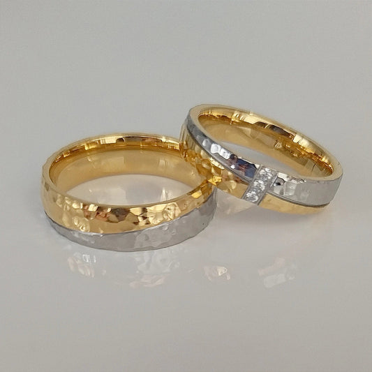 Pure Handmade Hammered 18K Gold Plated Wedding Rings Men & Women Stainless Steel Jewelry for Couples Valentine's Day Gifts - Velora