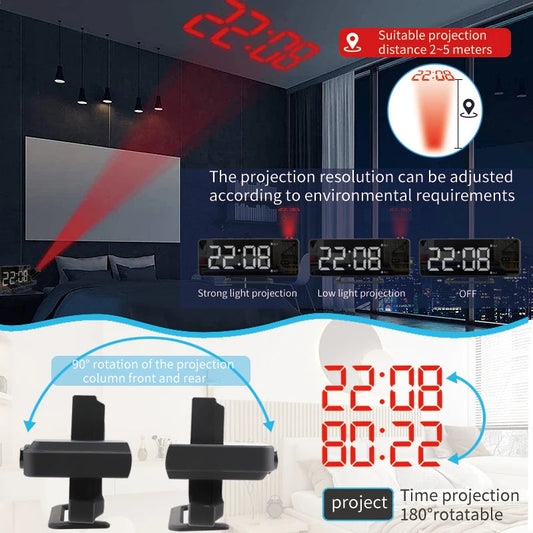 LED Mirror Projection Alarm Clock Creative with Charge Phone and Dual Alarm Digital Clock for Bedroom Ceiling - Velora