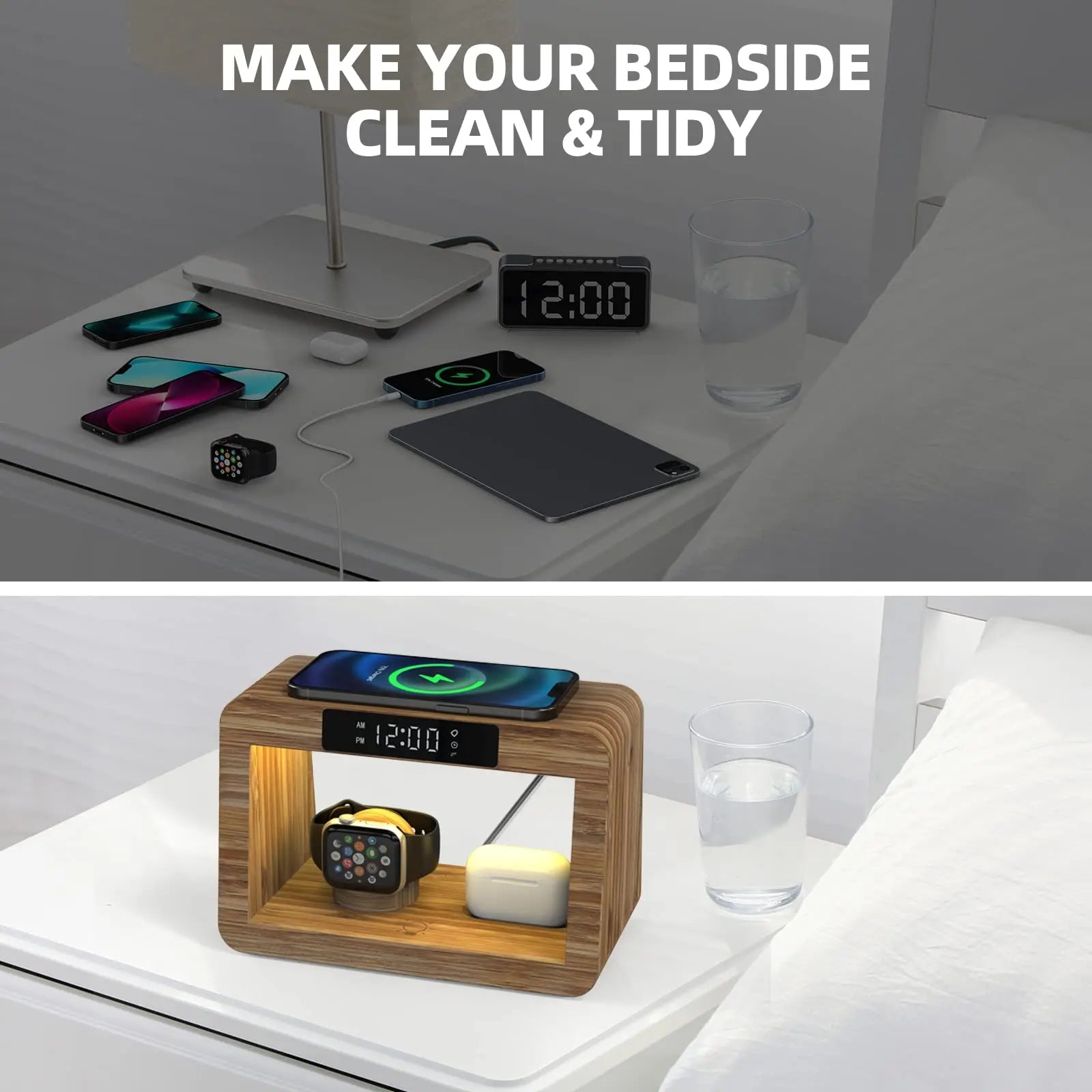 2024 Top Selling Digital Alarm Clock Wireless Charging for iPhone 15 14 Fast Charger with Magnetic Earphones Also for Watches - Velora