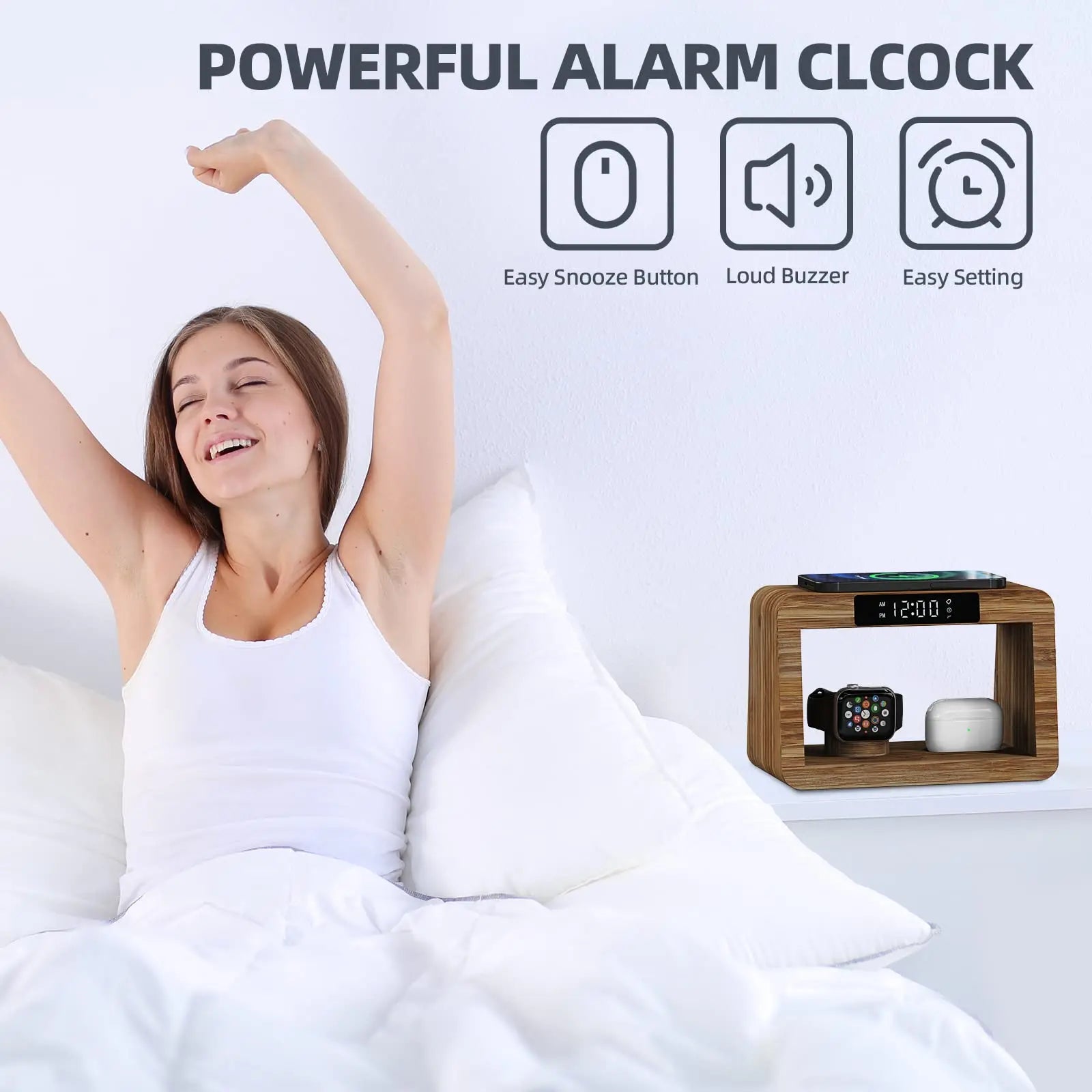 2024 Top Selling Digital Alarm Clock Wireless Charging for iPhone 15 14 Fast Charger with Magnetic Earphones Also for Watches - Velora