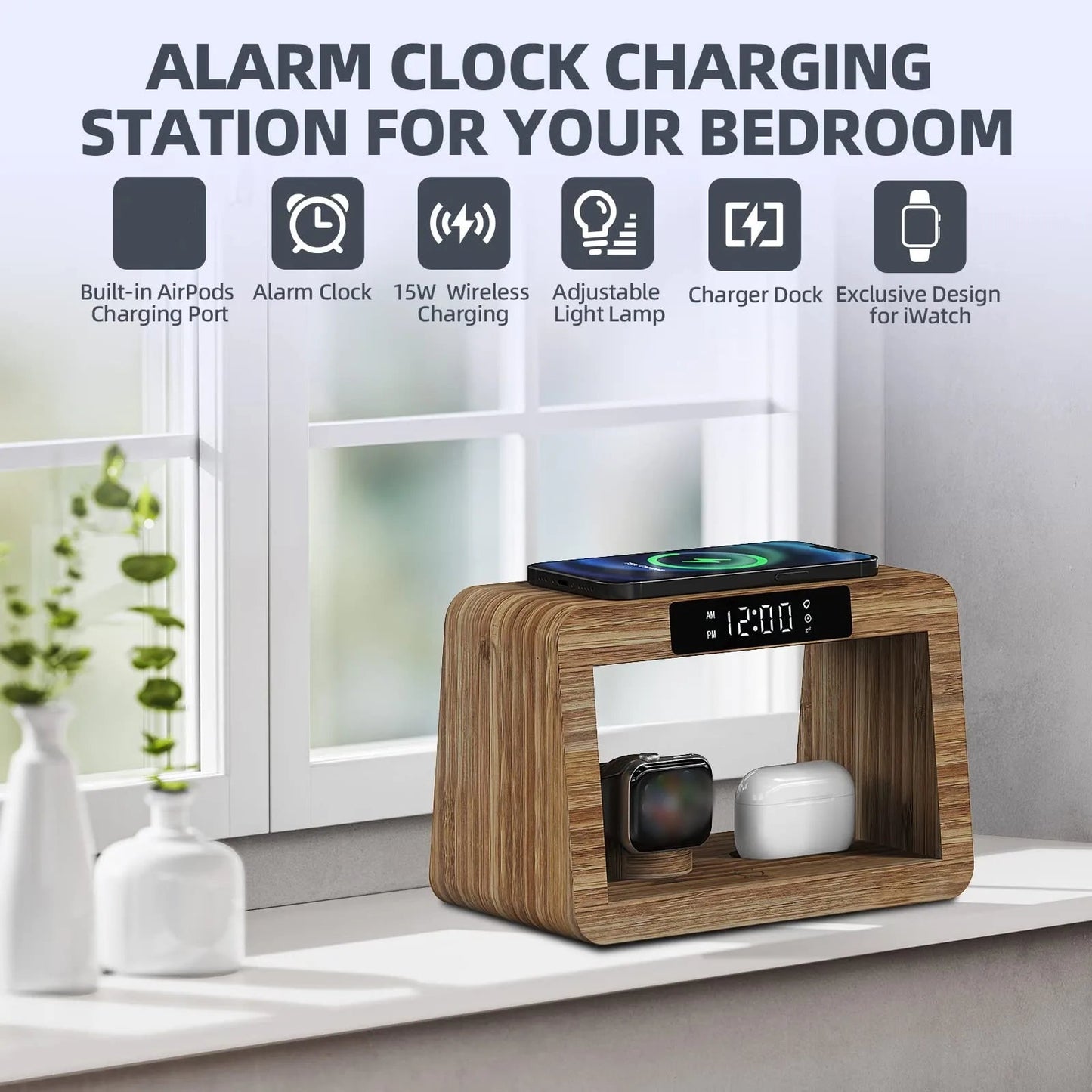 2024 Top Selling Digital Alarm Clock Wireless Charging for iPhone 15 14 Fast Charger with Magnetic Earphones Also for Watches - Velora