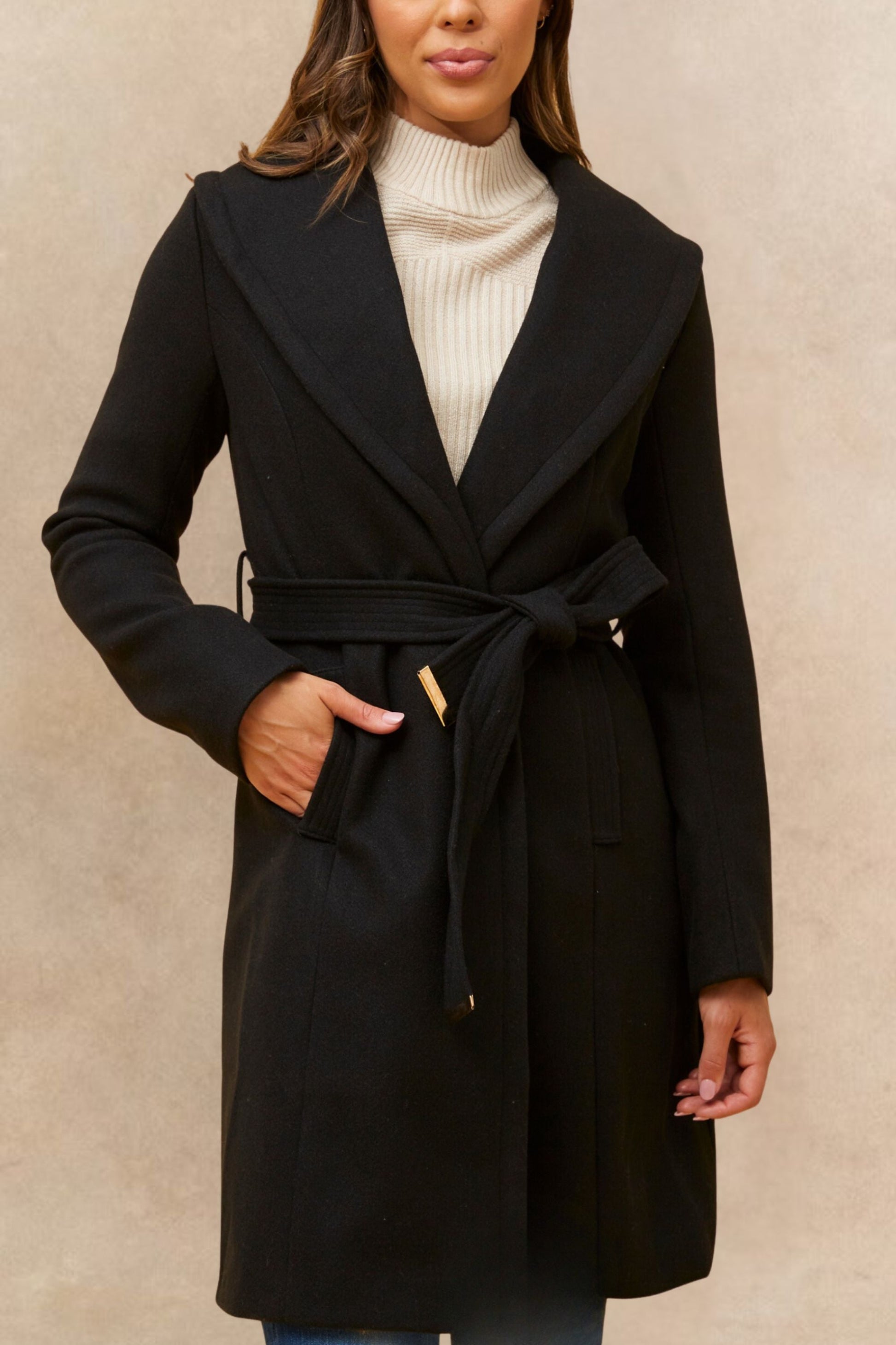 Hazel Black Wrap Coat Shawl Collar Belted With Pockets - Velora Luxury Fashion