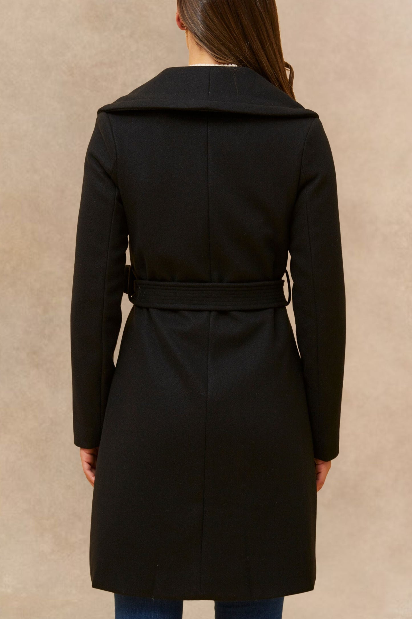 Hazel Black Wrap Coat Shawl Collar Belted With Pockets - Velora Luxury Fashion