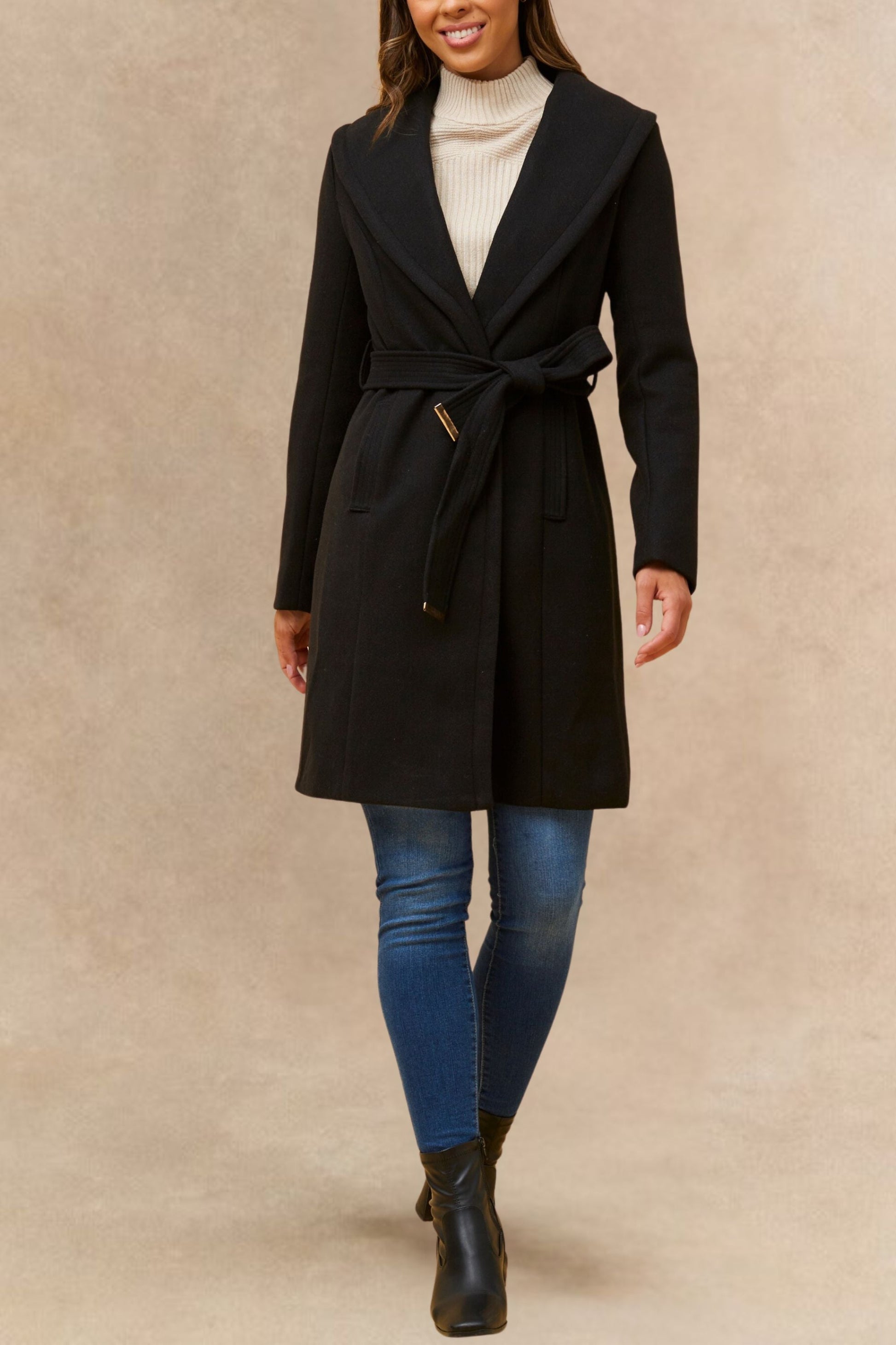 Hazel Black Wrap Coat Shawl Collar Belted With Pockets - Velora Luxury Fashion