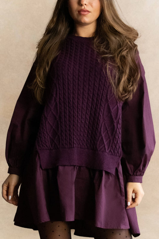 Helga Oversize Faux Layer Tunic Shirt Dress Cable Knit Sweater Trendy - Velora Luxury Fashion