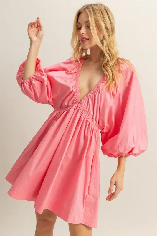 HYFVE Plunge Balloon Sleeve Poplin Mini Dress with Pockets - Velora Luxury Fashion