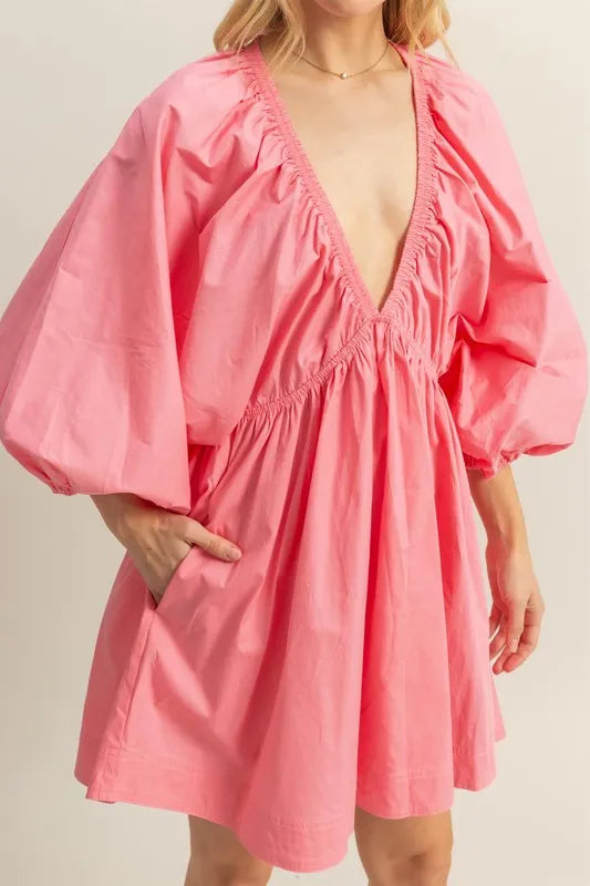 HYFVE Plunge Balloon Sleeve Poplin Mini Dress with Pockets - Velora Luxury Fashion