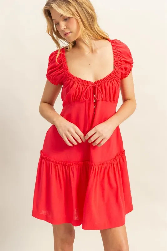 HYFVE Ruched Frill Tiered Short Sleeve Mini Dress - Velora Luxury Fashion