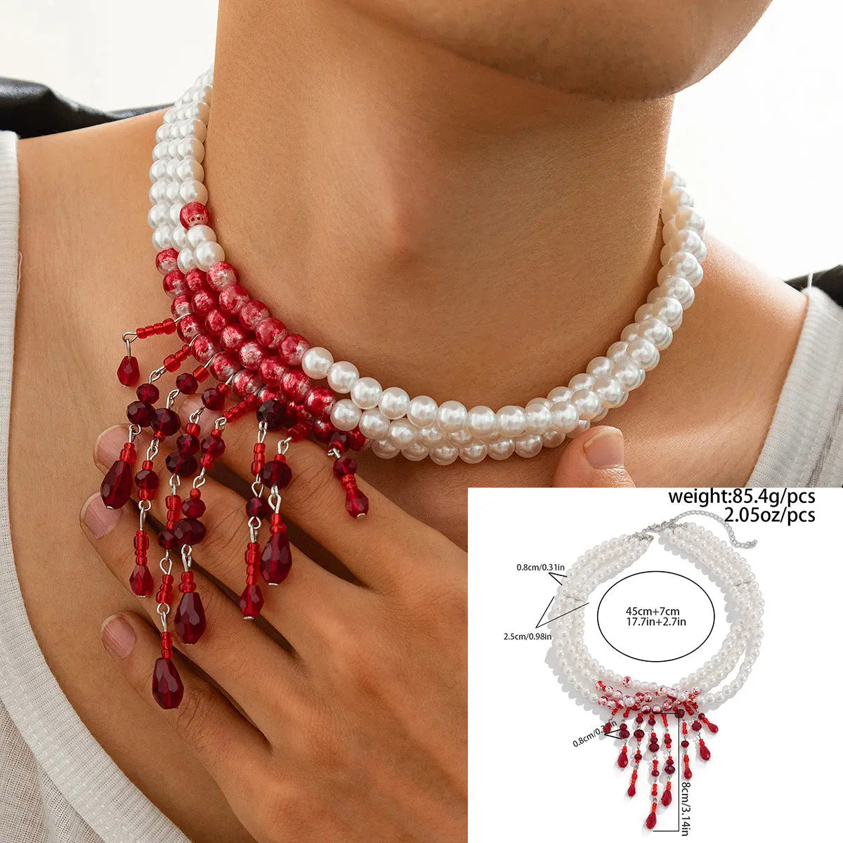 Halloween Blood Drop Tassel Pearl Crystal Necklace - Velora