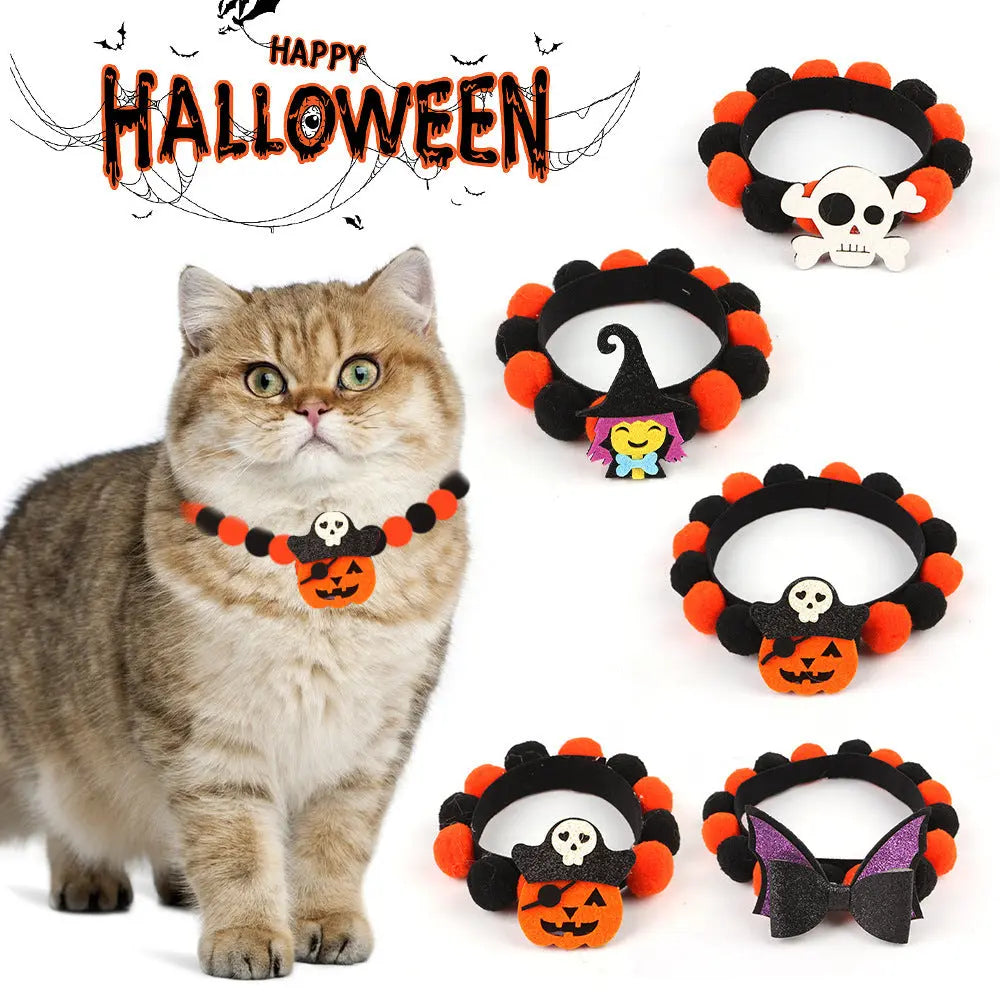 Halloween Pet Fur Ball Collar Pumpkin Accessories - Velora