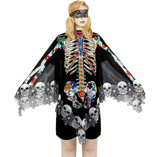 Halloween Skeleton Poncho, Lace Skeleton Halloween Costume Poncho Day Of The Dead Colorful Poncho For Women, 59 Inchx59 Inch-Cannot Be Listed On Amazon Platform - Velora