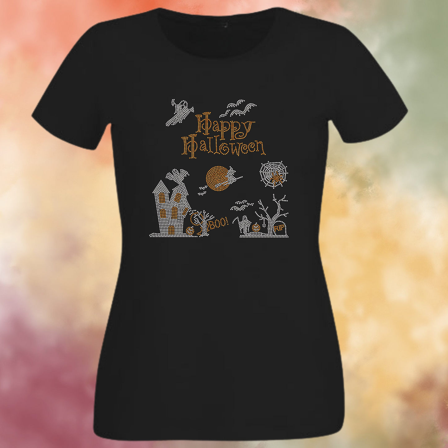 Happy Halloween Scene Rhinestone Shirt – Spooky Sparkle Bling Tee | Blingdazzel