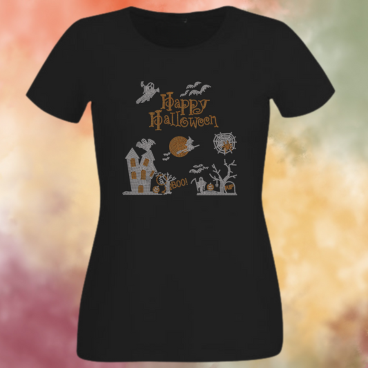 Happy Halloween Scene Rhinestone Shirt – Spooky Sparkle Bling Tee | Blingdazzel