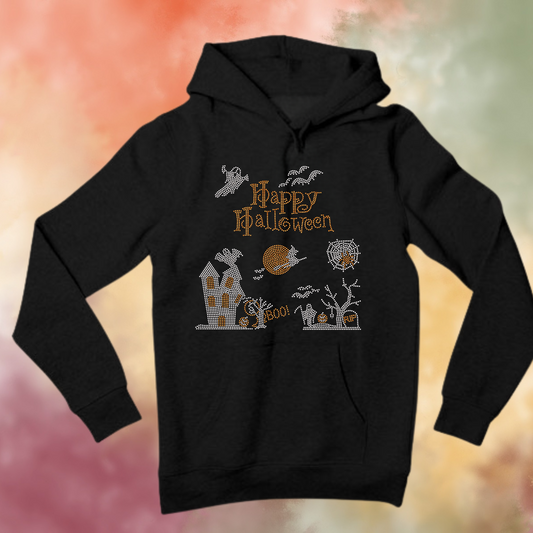 Happy Halloween Scene Rhinestone Shirt – Spooky Sparkle Bling Tee | Blingdazzel