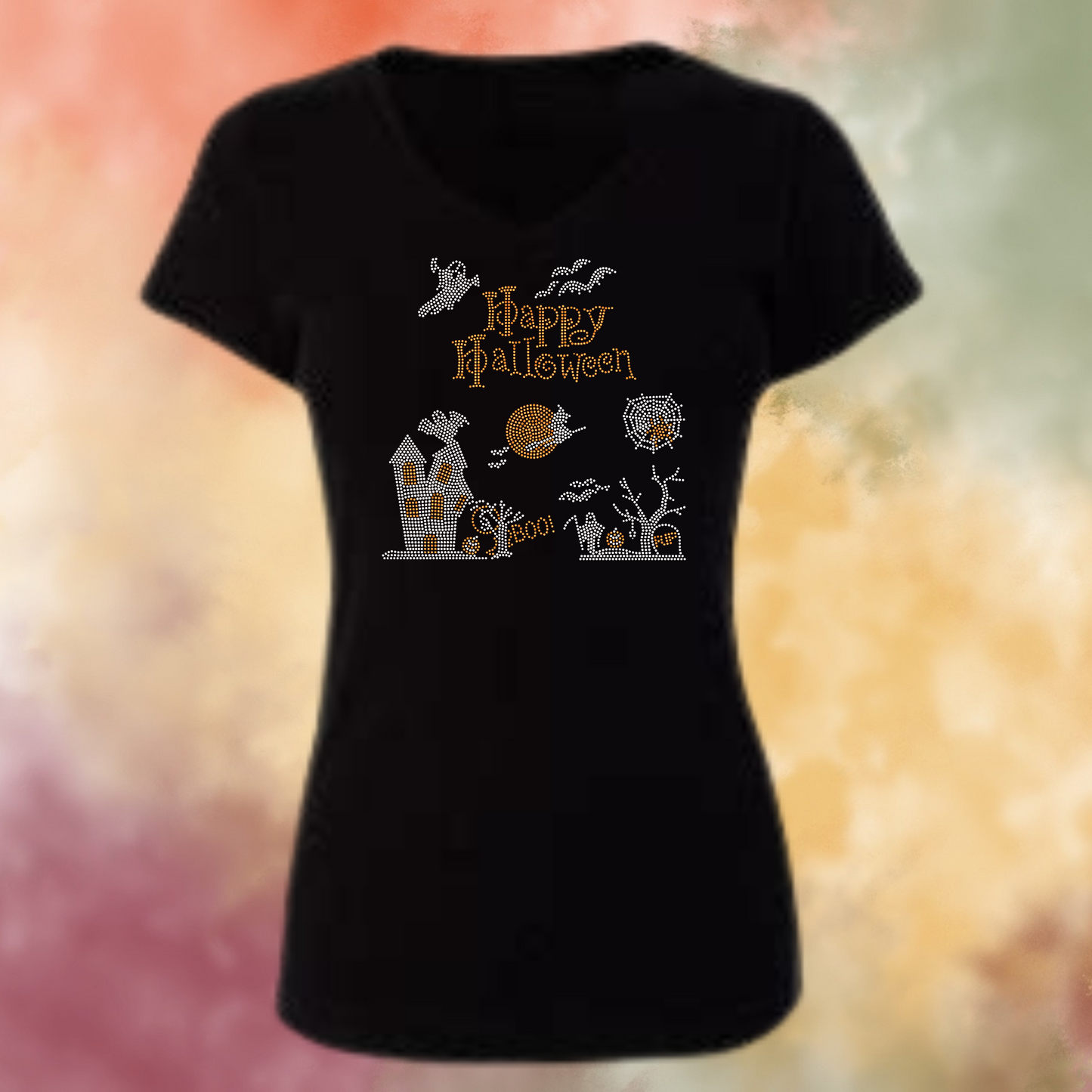 Happy Halloween Scene Rhinestone Shirt – Spooky Sparkle Bling Tee | Blingdazzel