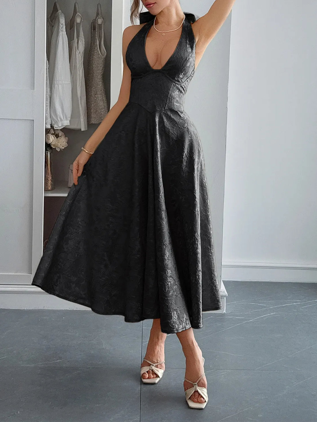 Halter Neck Midi Dress with Pockets - Velora Luxury Fashion