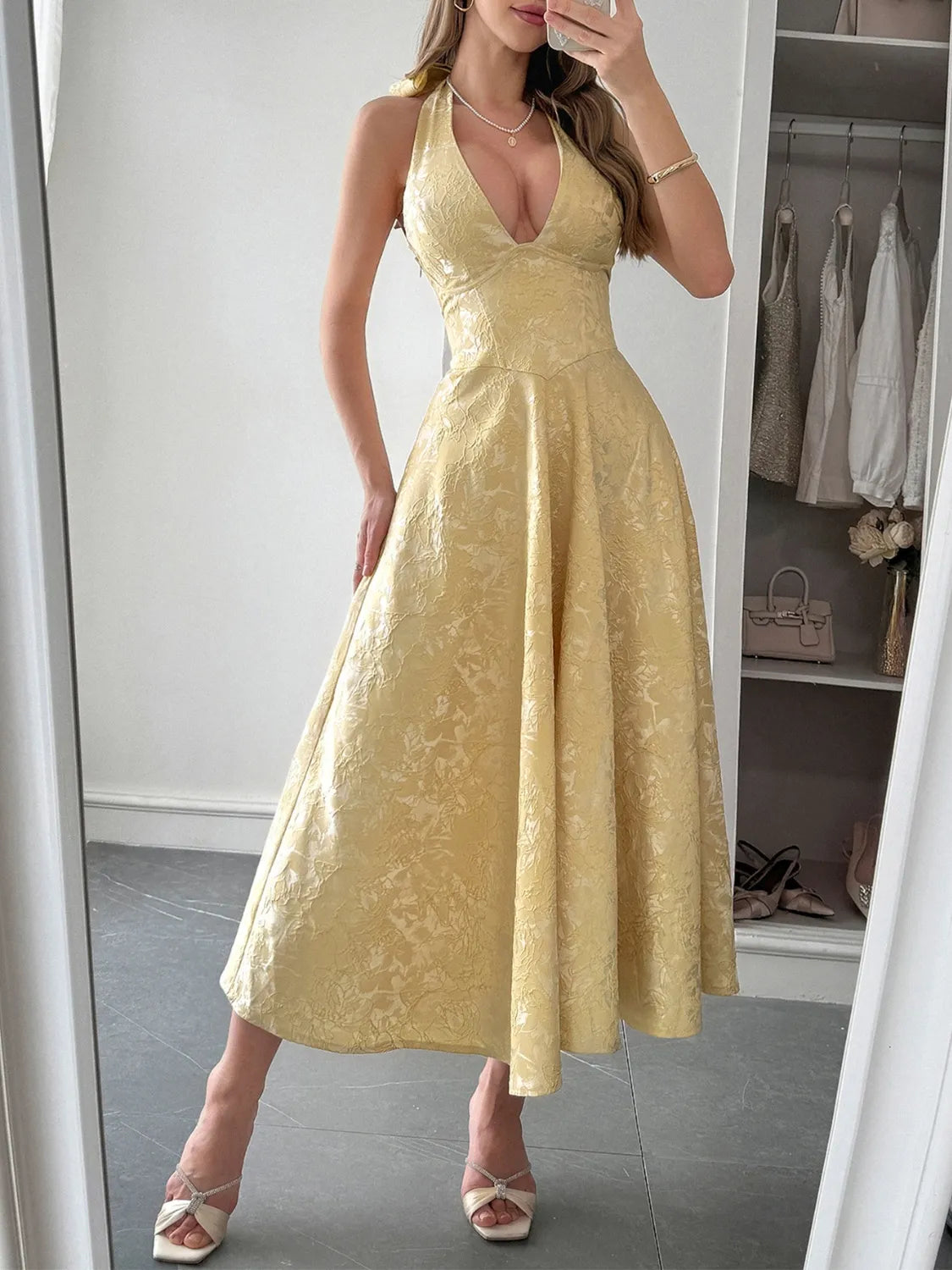 Halter Neck Midi Dress with Pockets - Velora Luxury Fashion