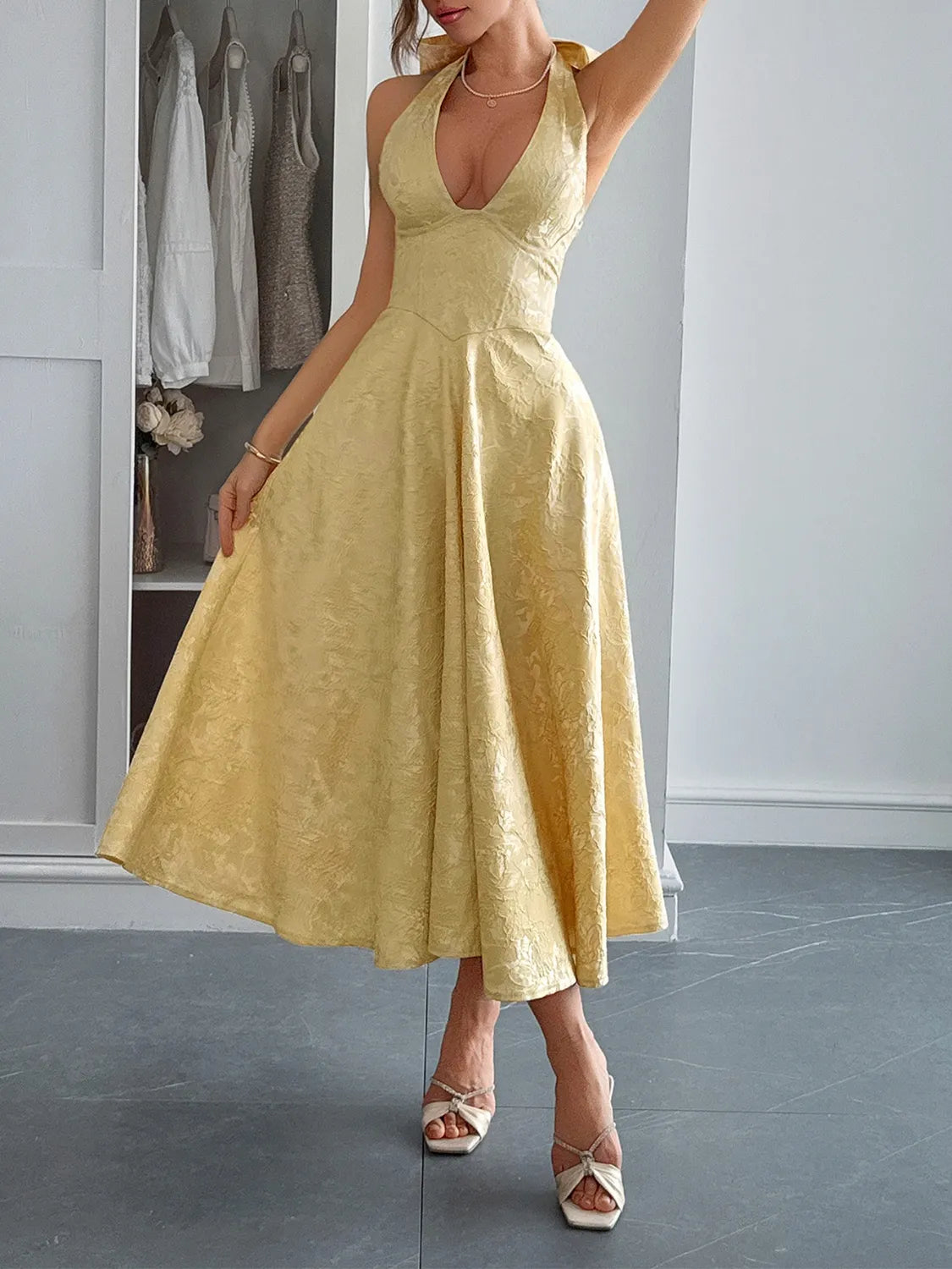 Halter Neck Midi Dress with Pockets - Velora Luxury Fashion