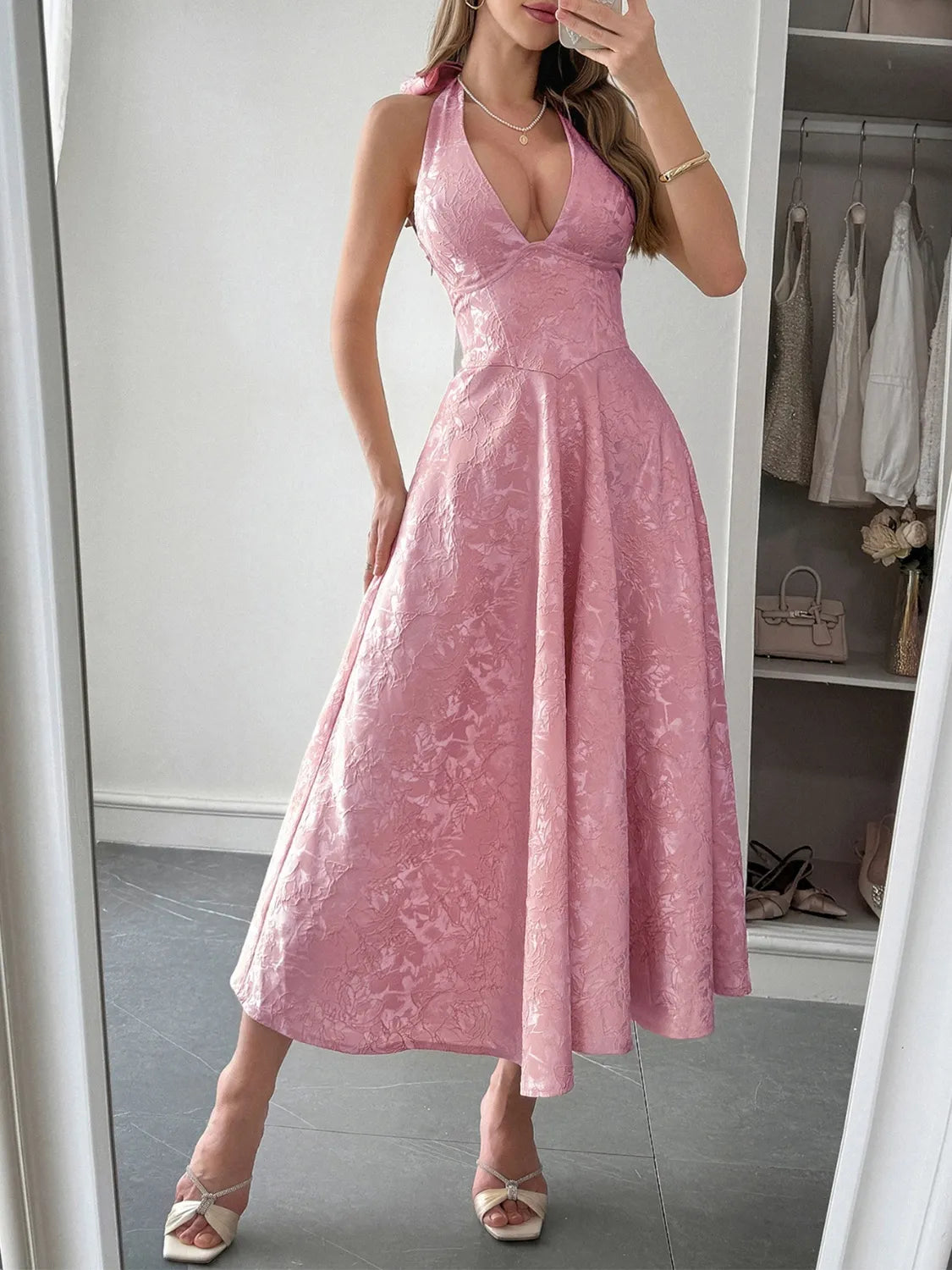 Halter Neck Midi Dress with Pockets - Velora Luxury Fashion