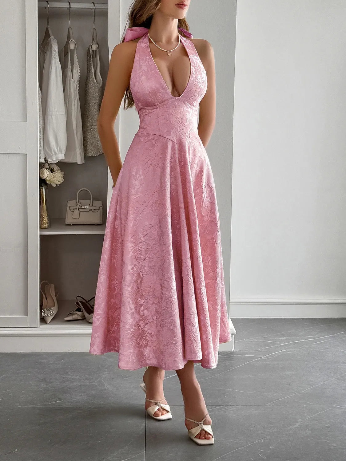 Halter Neck Midi Dress with Pockets - Velora Luxury Fashion