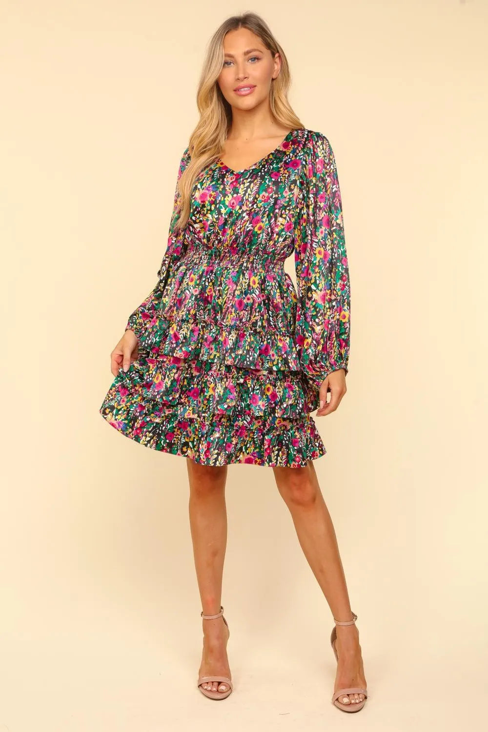 Haptics V-Neck Satin Floral Layered Dress - Velora Luxury Fashion