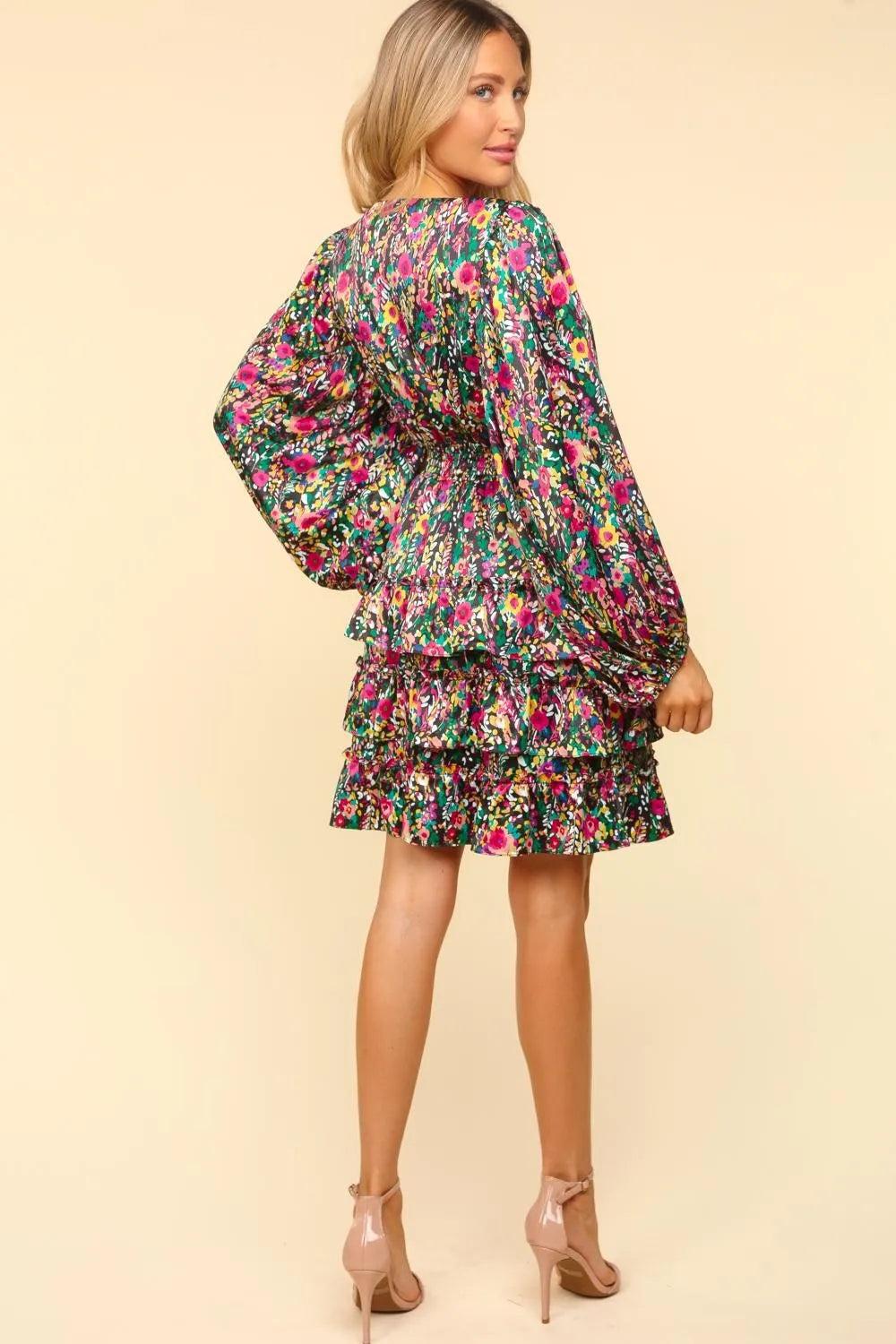 Haptics V-Neck Satin Floral Layered Dress - Velora Luxury Fashion