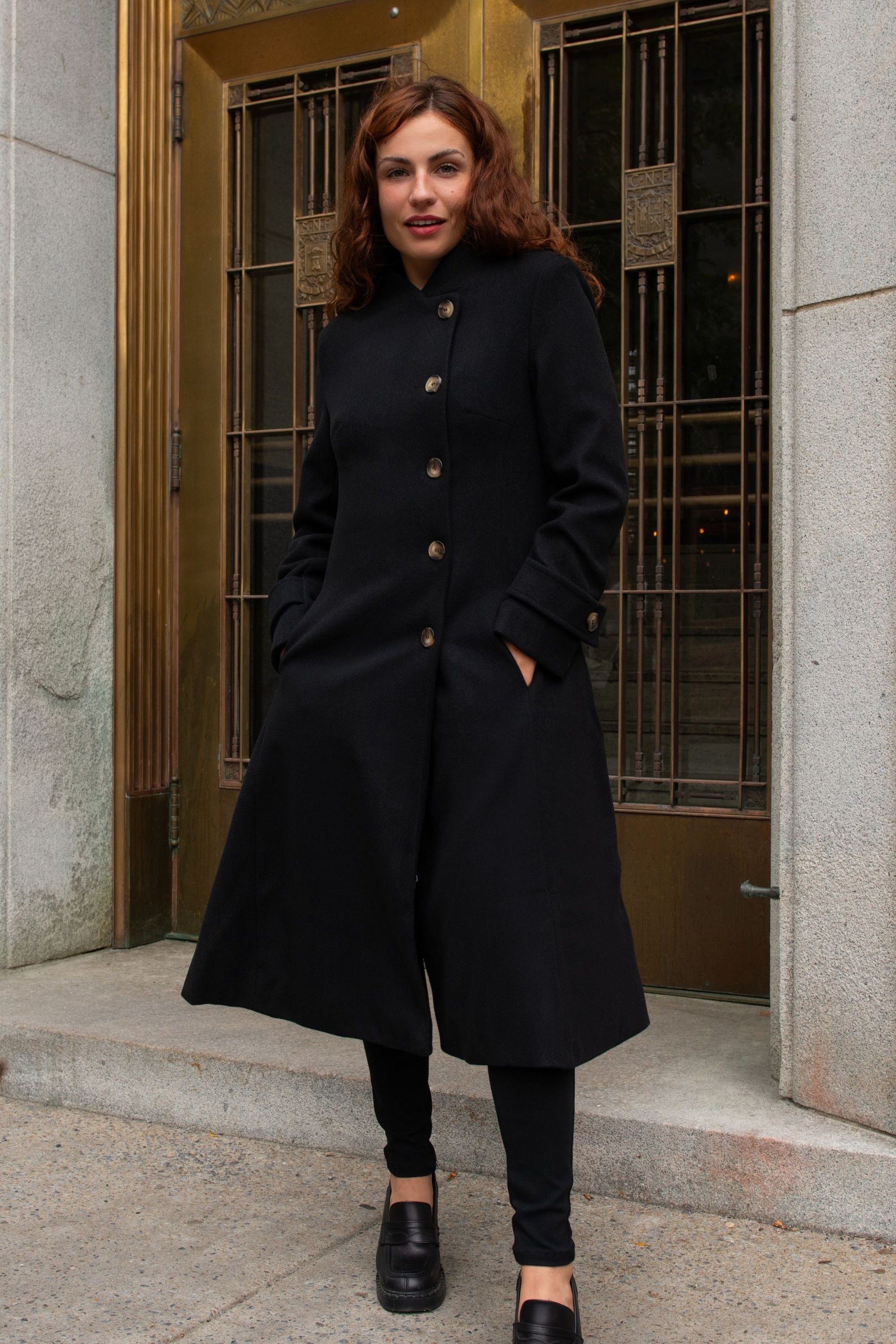 Harper Retro Flared Coat Side Buttons Elegant - Velora Luxury Fashion