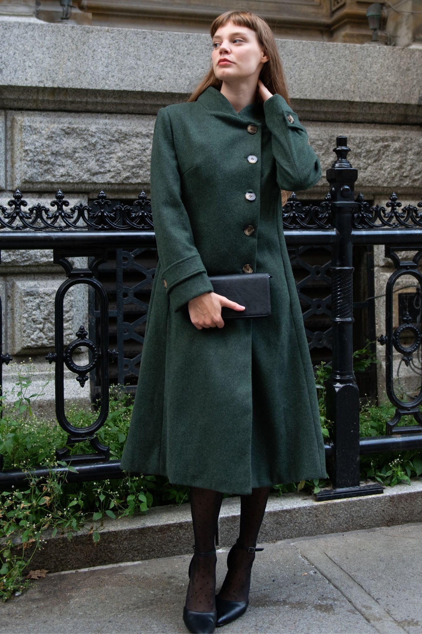 Harper Retro Flared Coat Side Buttons Elegant - Velora Luxury Fashion