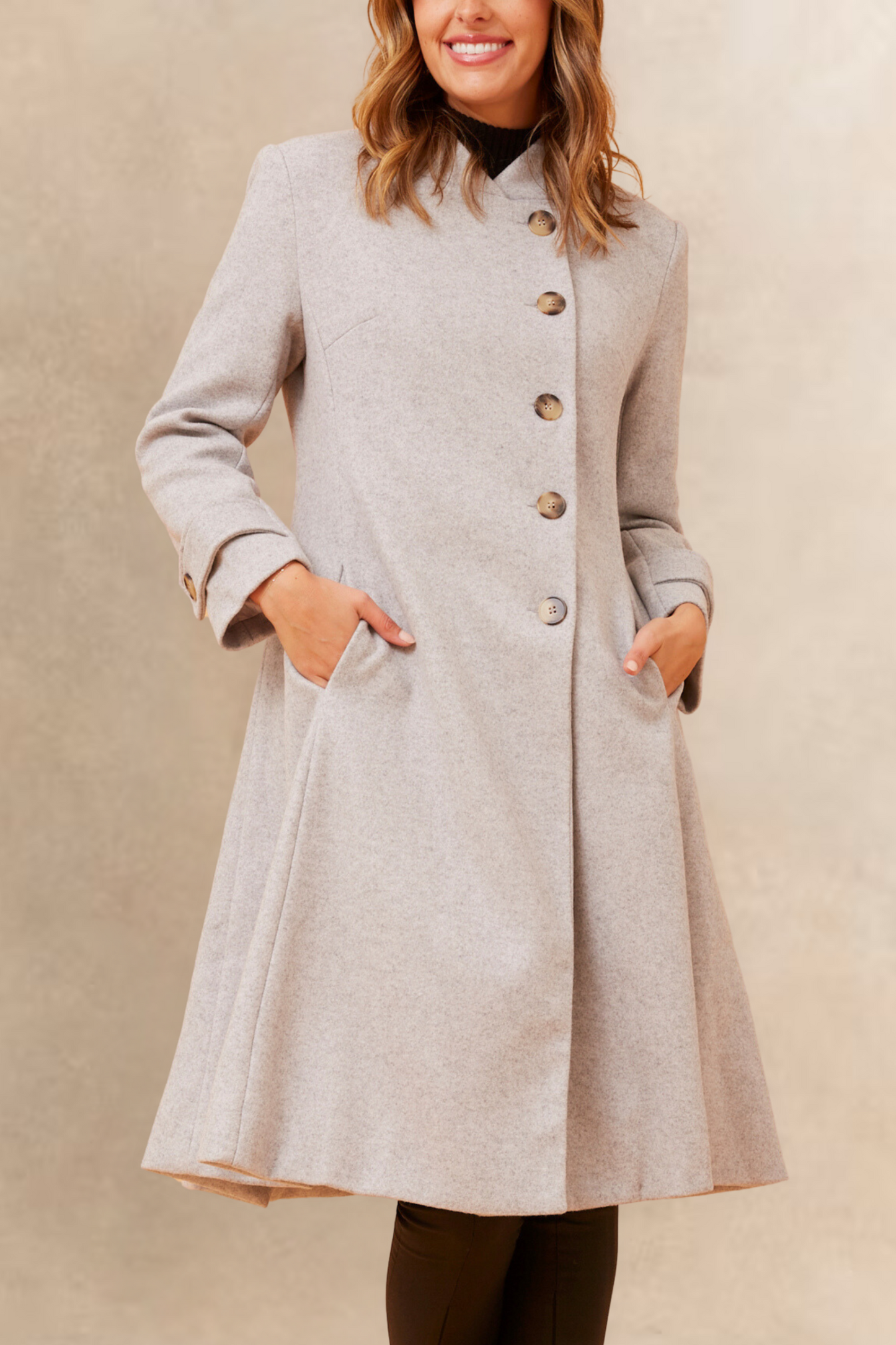 Harper Retro Flared Coat Side Buttons Elegant - Velora Luxury Fashion