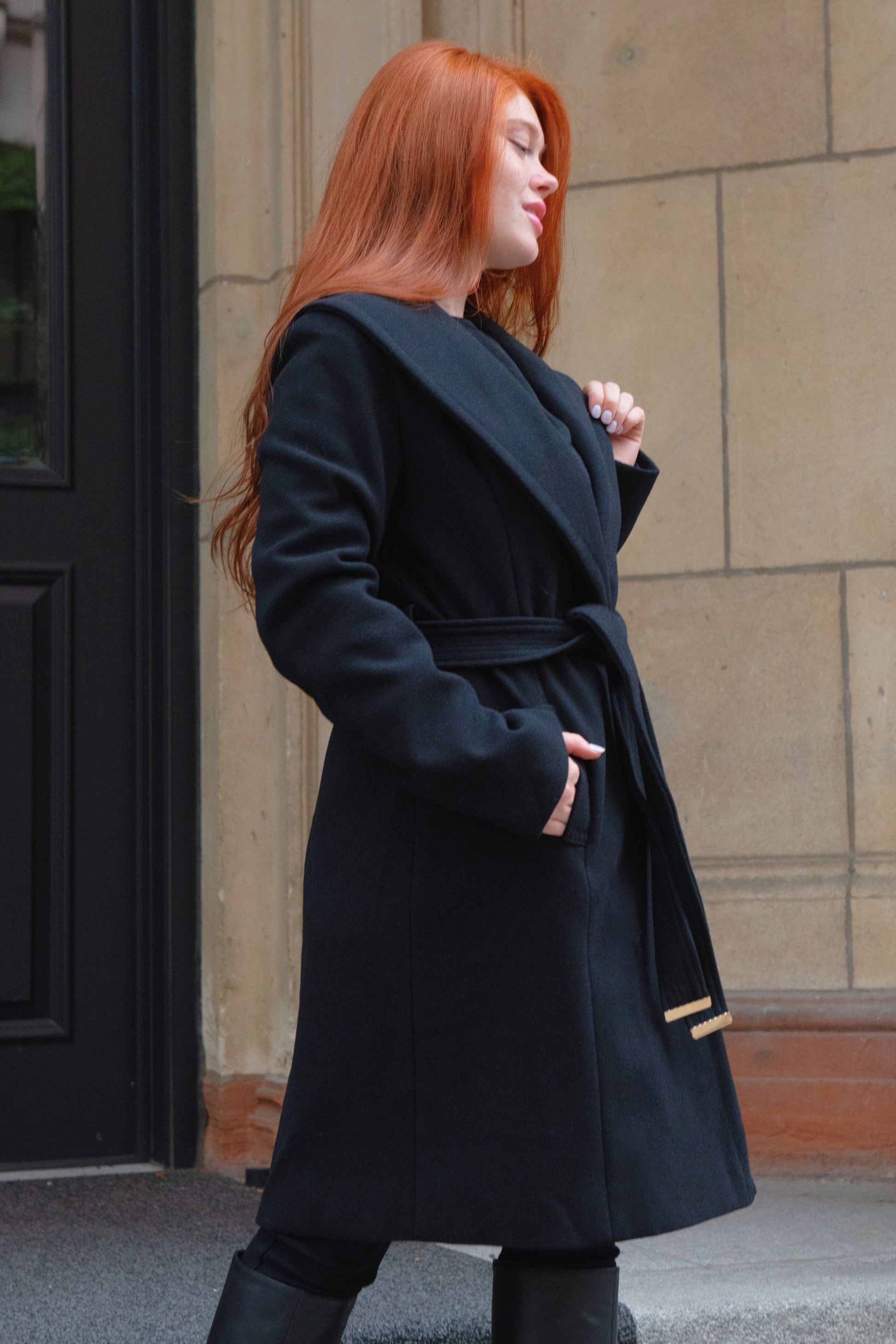 Hazel Black Wrap Coat Shawl Collar Belted With Pockets - Velora Luxury Fashion
