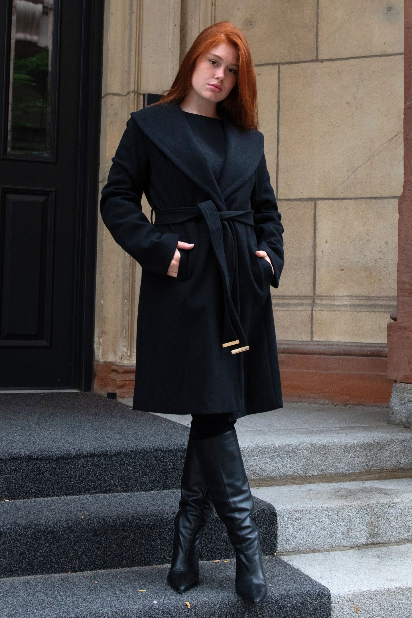 Hazel Black Wrap Coat Shawl Collar Belted With Pockets - Velora Luxury Fashion