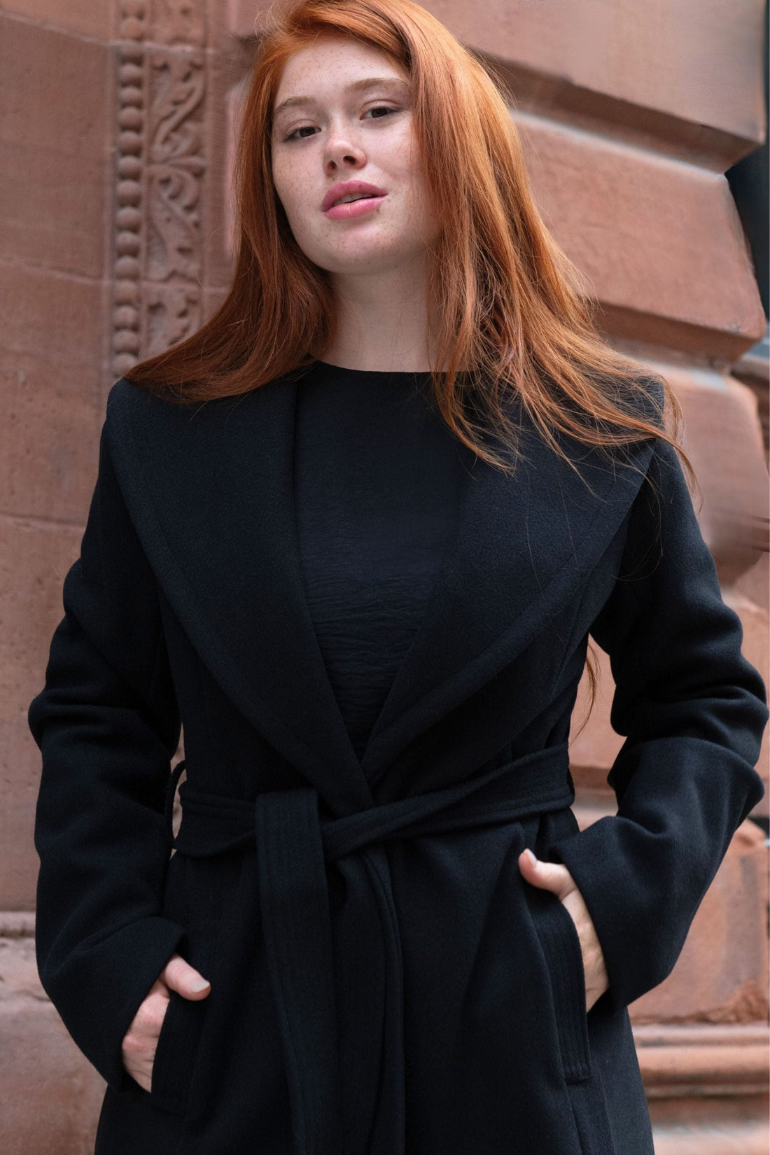 Hazel Black Wrap Coat Shawl Collar Belted With Pockets - Velora Luxury Fashion