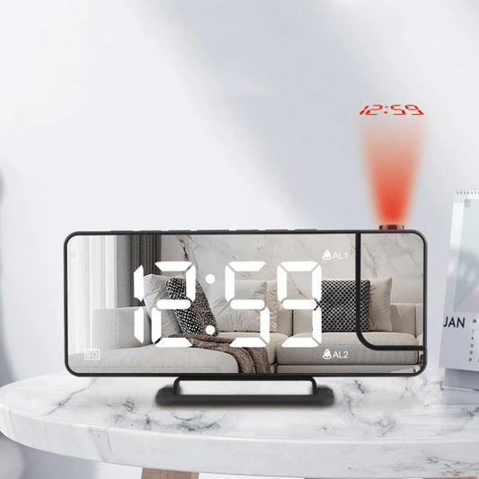 LED Mirror Projection Alarm Clock Creative with Charge Phone and Dual Alarm Digital Clock for Bedroom Ceiling - Velora