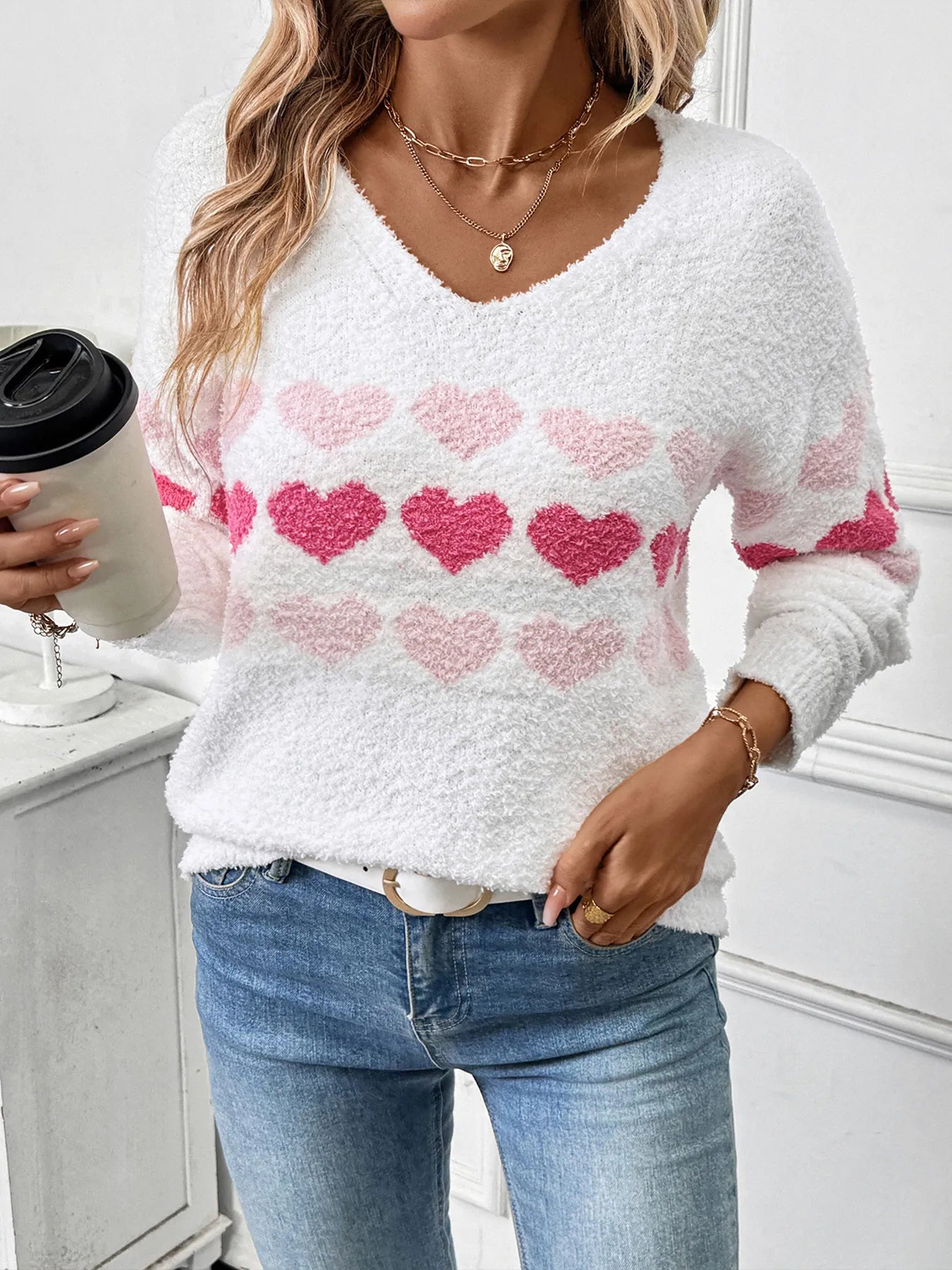 Heart Pattern V-Neck Sweater - Velora Luxury Fashion