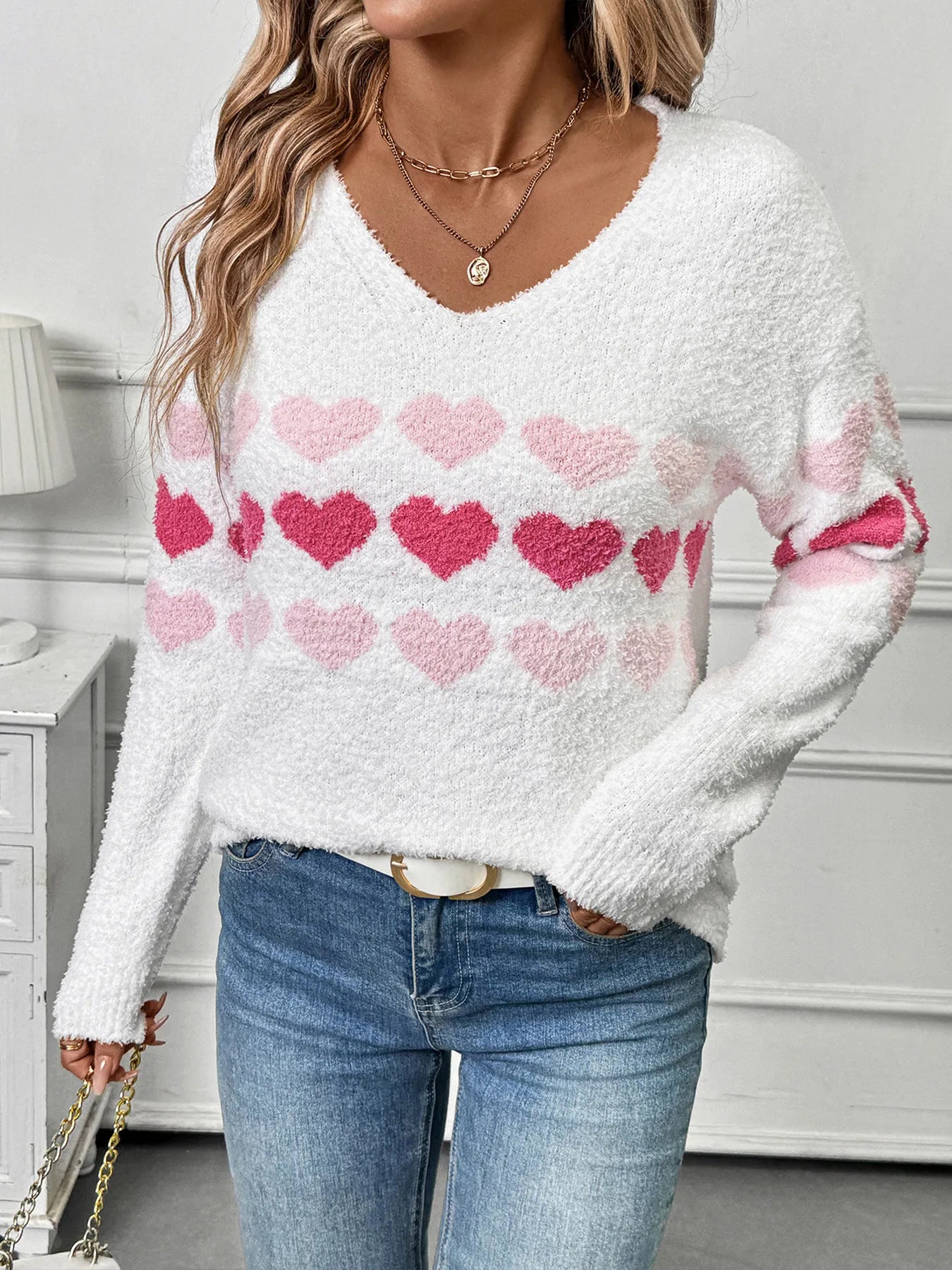 Heart Pattern V-Neck Sweater - Velora Luxury Fashion