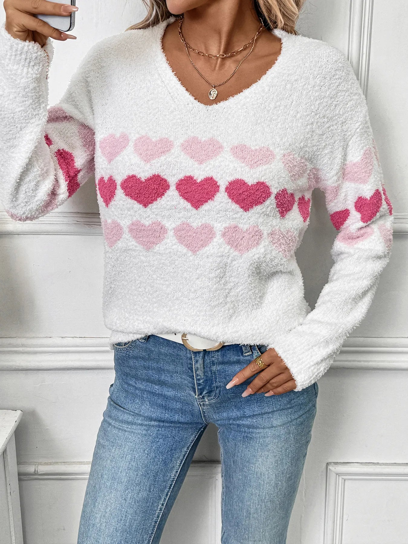 Heart Pattern V-Neck Sweater - Velora Luxury Fashion