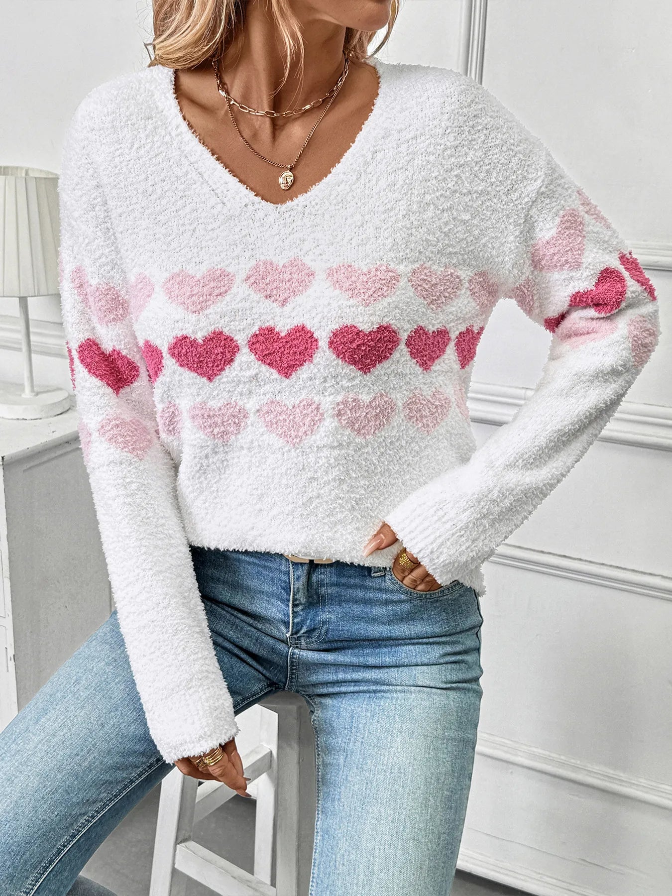 Heart Pattern V-Neck Sweater - Velora Luxury Fashion