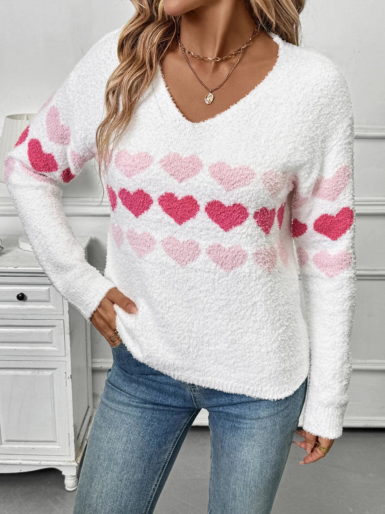 Heart Pattern V-Neck Sweater - Velora Luxury Fashion