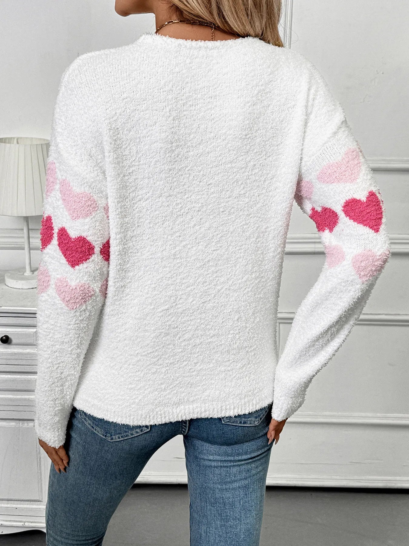 Heart Pattern V-Neck Sweater - Velora Luxury Fashion