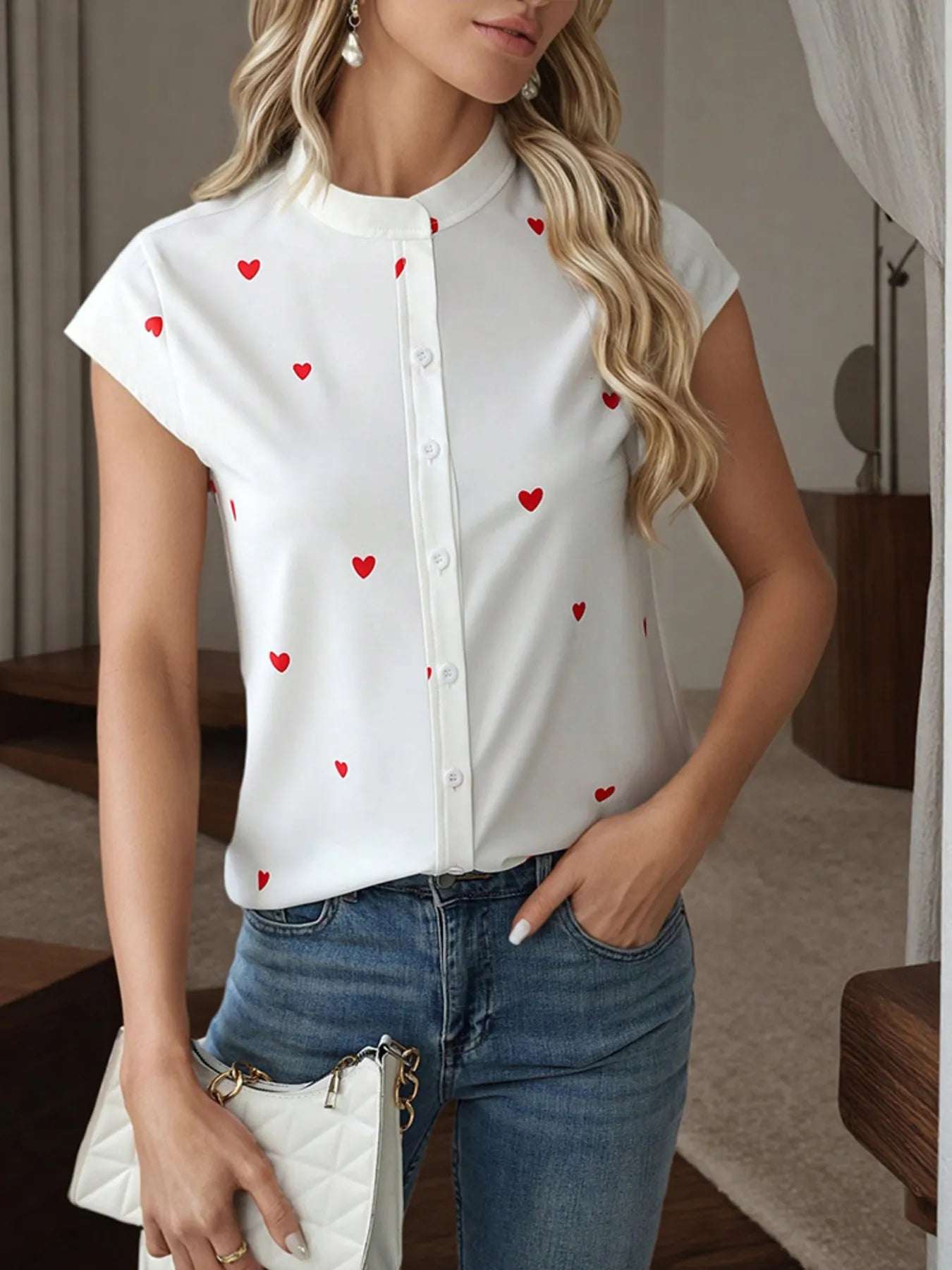 Heart Print Cap Sleeve Button-Up Shirt - Velora Luxury Fashion