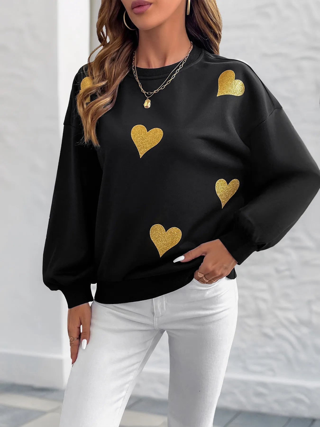 Heart Print Long Sleeve Sweatshirt - Velora Luxury Fashion
