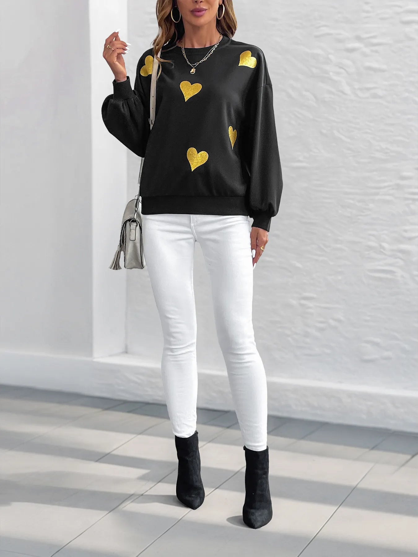 Heart Print Long Sleeve Sweatshirt - Velora Luxury Fashion